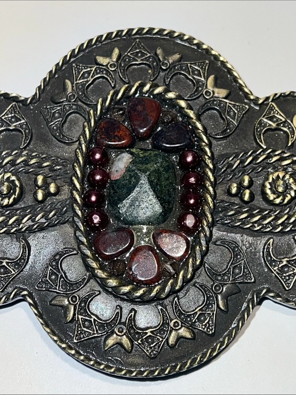 Ornate Metal Belt Buckle with Green Center and Burgundy Accents Stones